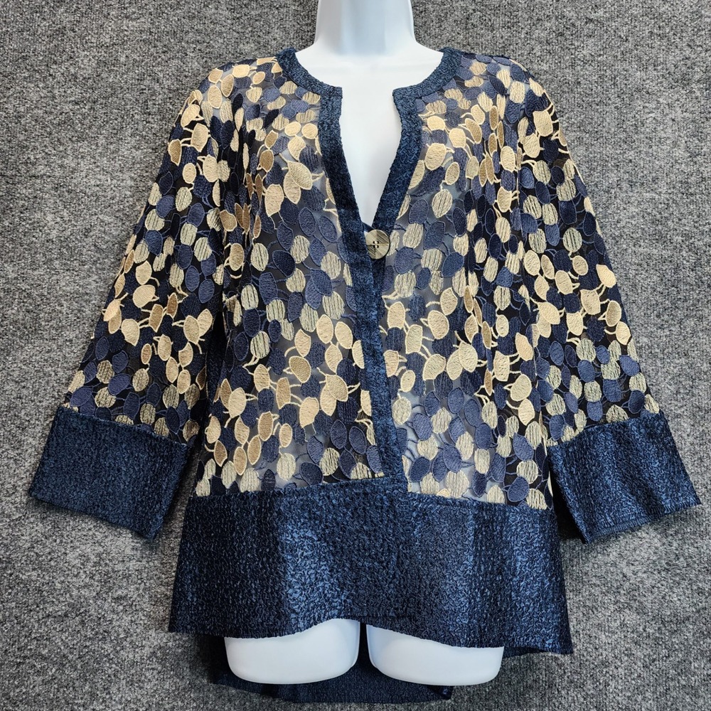 Chico's Travelers Women Metallic Embroidered Mesh Open Front Jacket‎ Cardigan 2